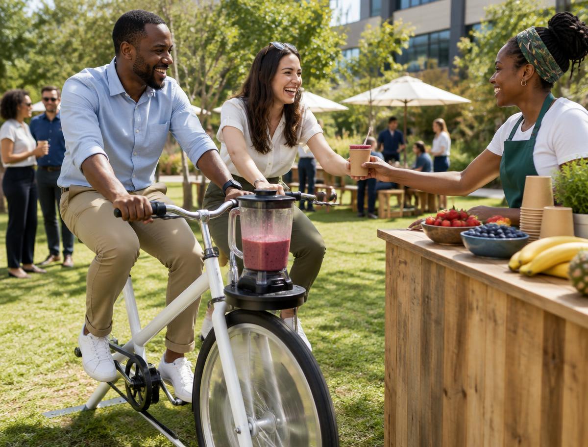 Colleagues pedaling the smoothie bike at a corporate wellness day