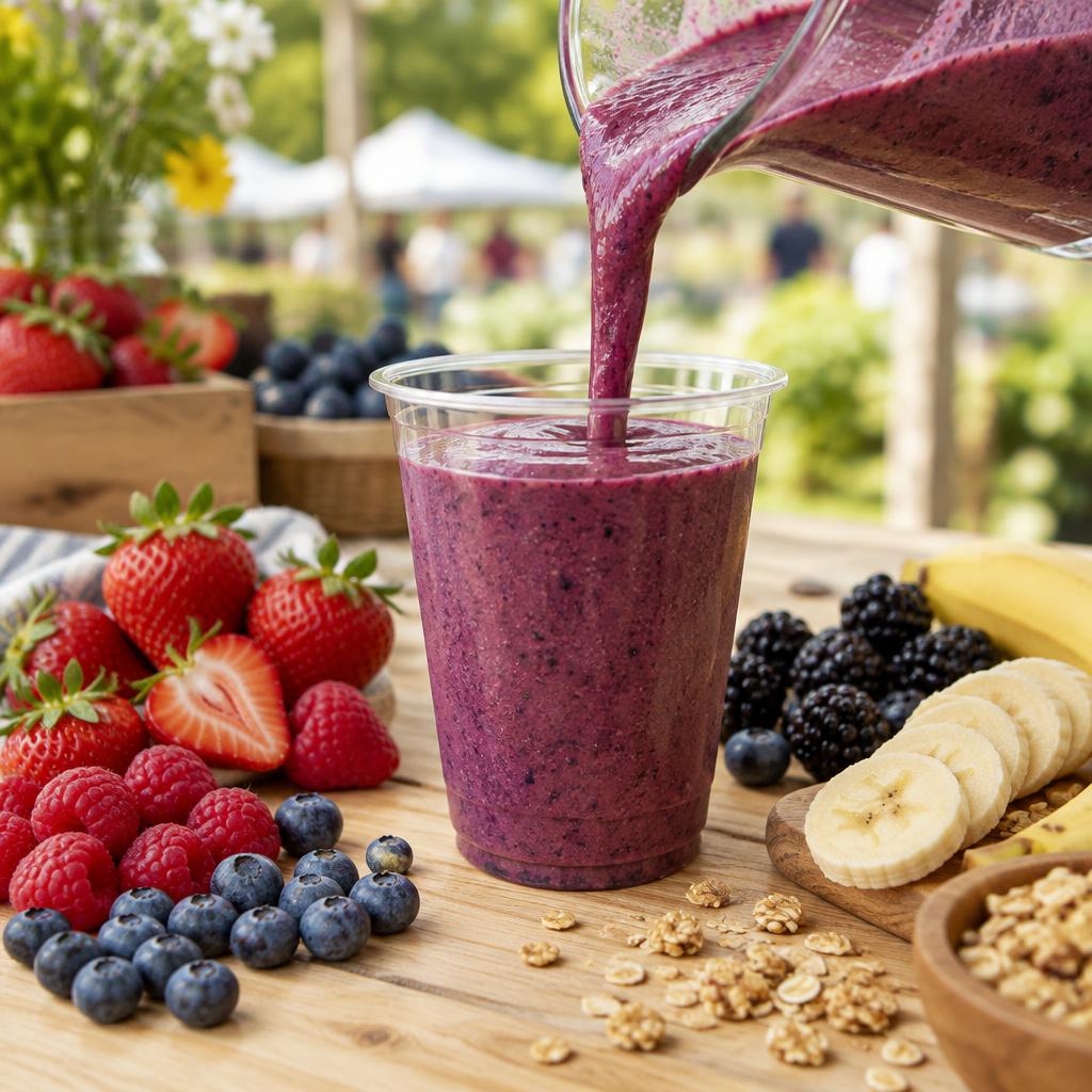 Fresh berry smoothie poured beside ripe fruit